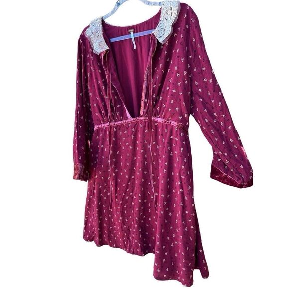 FREE PEOPLE RED DELFINA LACE COLLAR VELVET TRIM MINI DRESS SIZE L - Picture 5 of 16